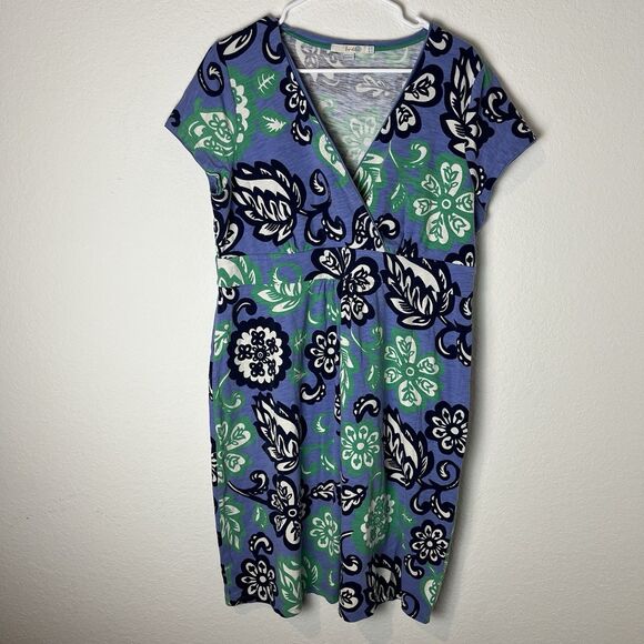 Boden Slub Jersey Dress Size 14 Blue Green White Floral V-Neck Short Sleeve 228 - Picture 2 of 7
